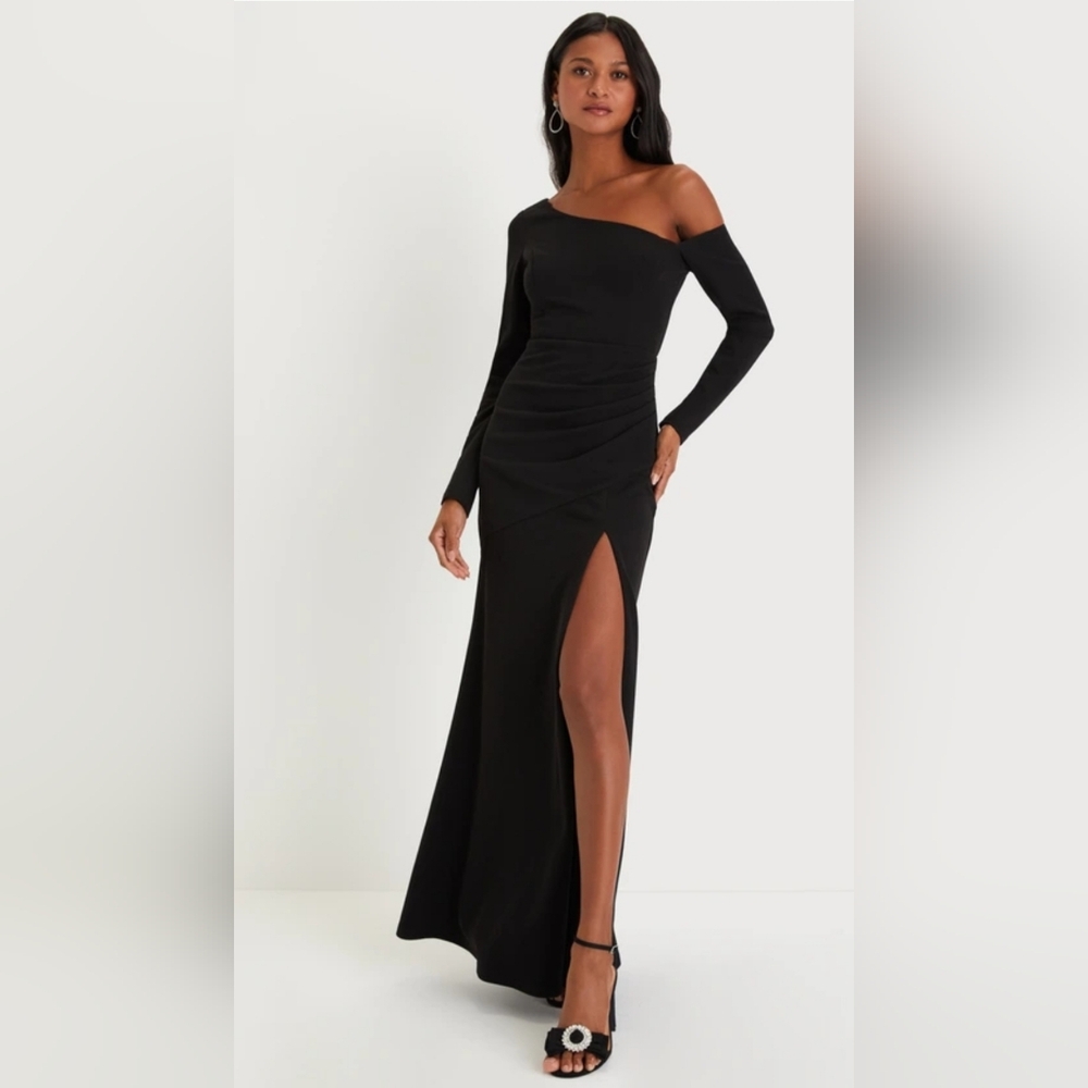 Lulu's Elegant Sensation Black Asymmetrical Pleated Maxi Dress